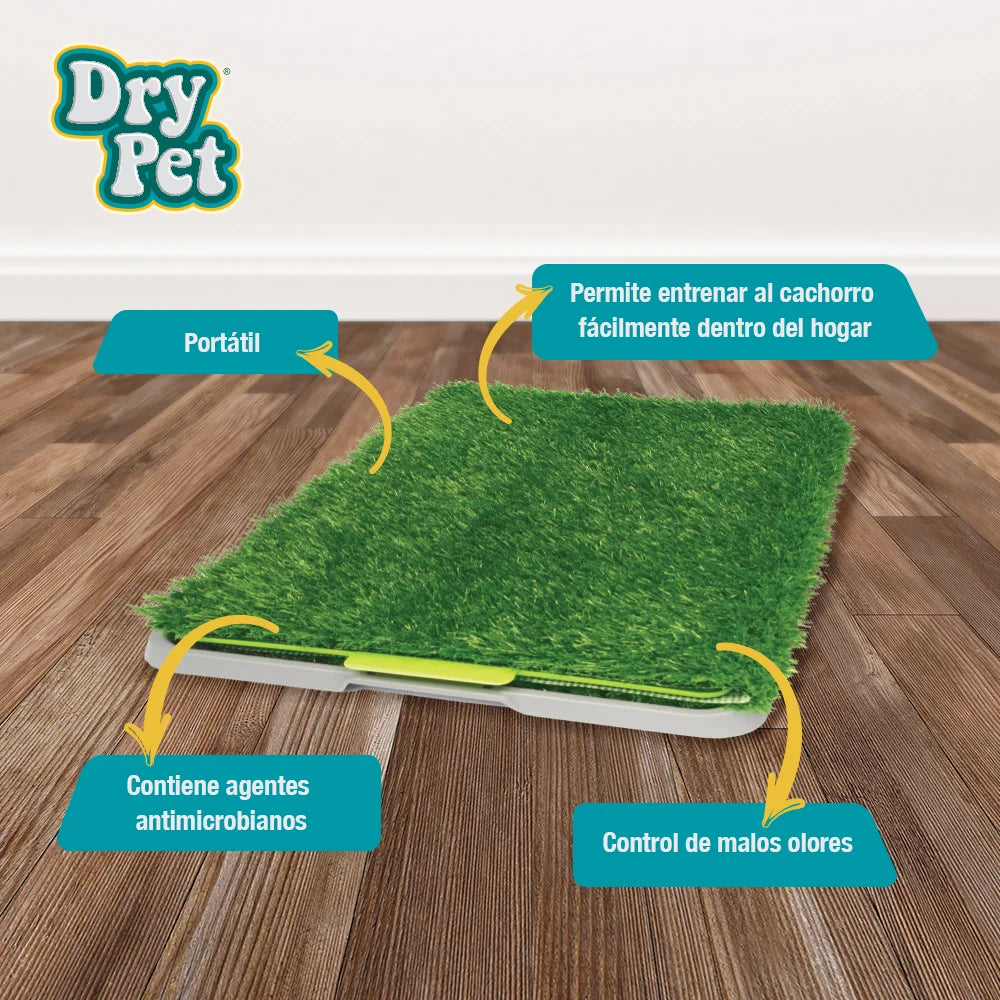 Tapete de pasto sintético para perro con charola, portátil y fácil de limpiar, ideal para entrenar cachorros en casa.