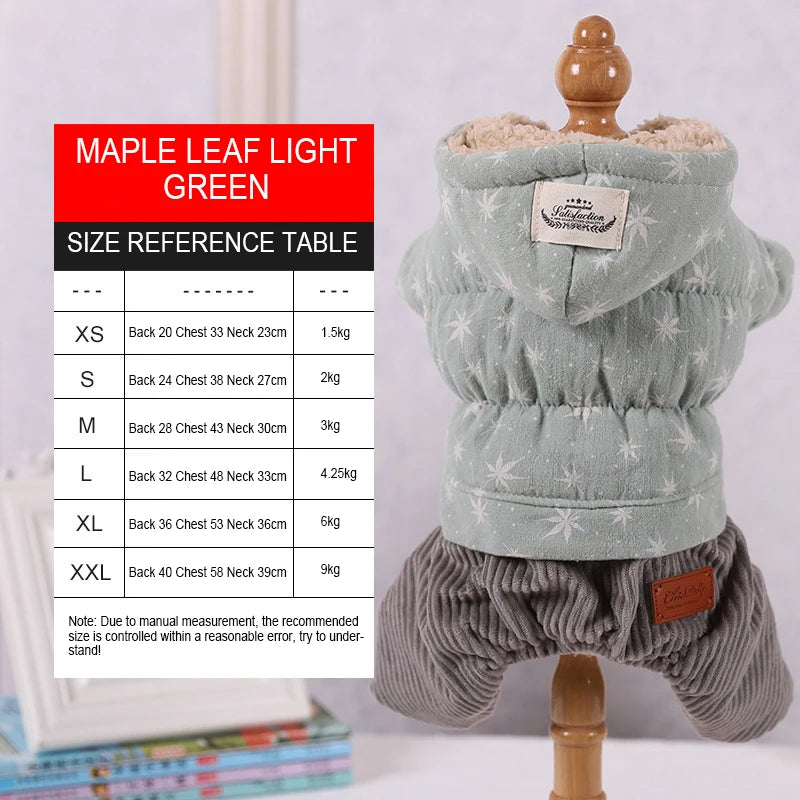 Chamarra acolchada para perro de invierno de color verde claro con tabla de tallas.