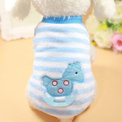 Suéter de polar para perro pequeño con diseños divertidos, rayas azules y bordado de caballito de madera.