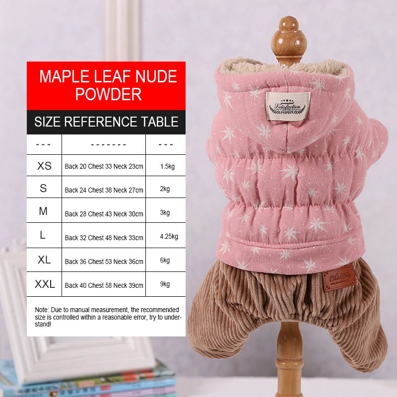 Chamarra acolchada para perro de invierno en color nude, con tabla de tamaños y diseño acogedor.