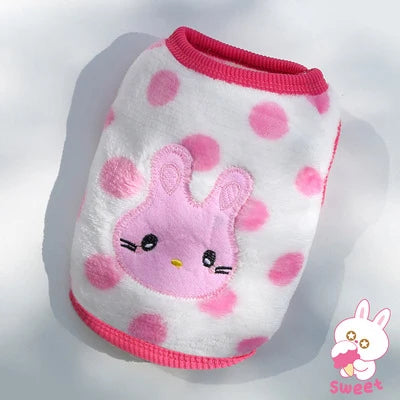 Suéter de polar para perro pequeño con diseños divertidos, estampado de conejito y lunares rosas.
