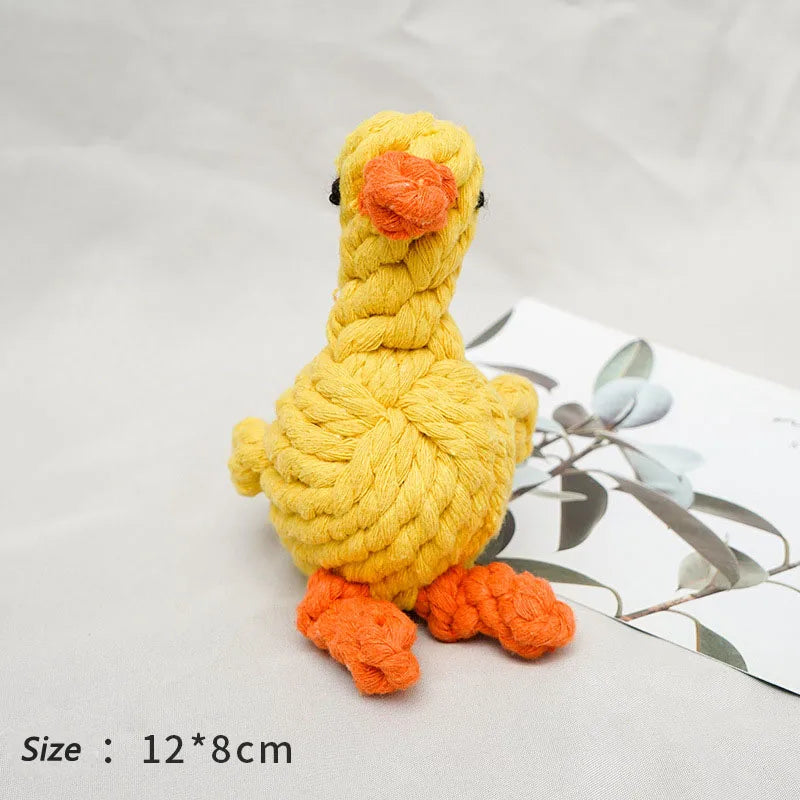 Juguete mordedera de cuerda para perro divertido en forma de pato amarillo, ideal para morder y limpiar dientes.