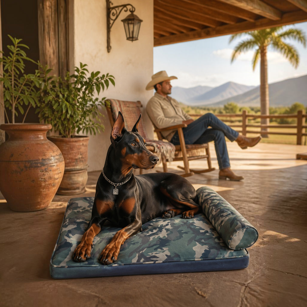 Cama camuflaje MITZON con perro al atardecer