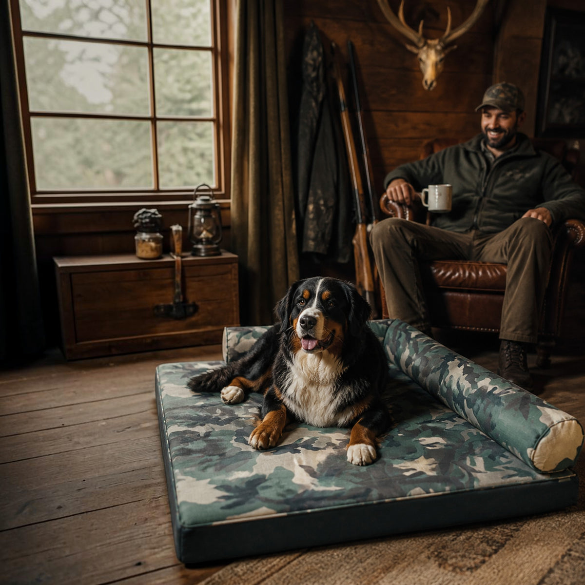 Cama camuflaje MITZON con Bulldog Francés en jardín