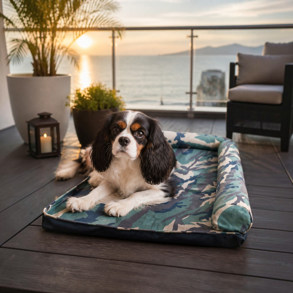 Cama camuflaje MITZON con Xolo en hacienda