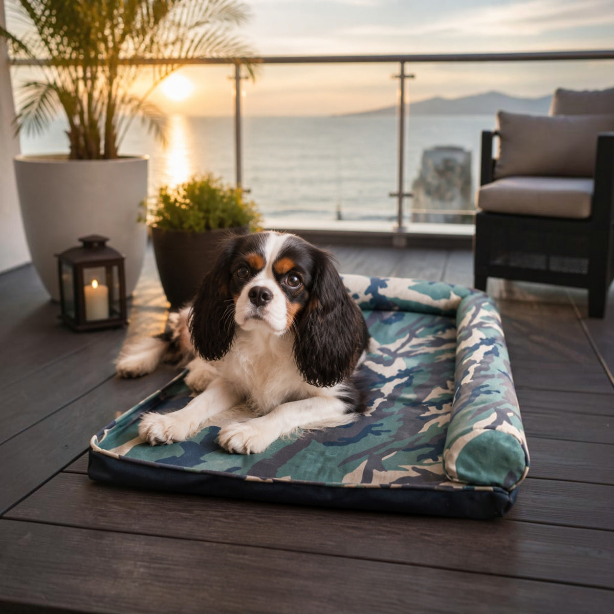 Cama camuflaje MITZON con Xolo en hacienda