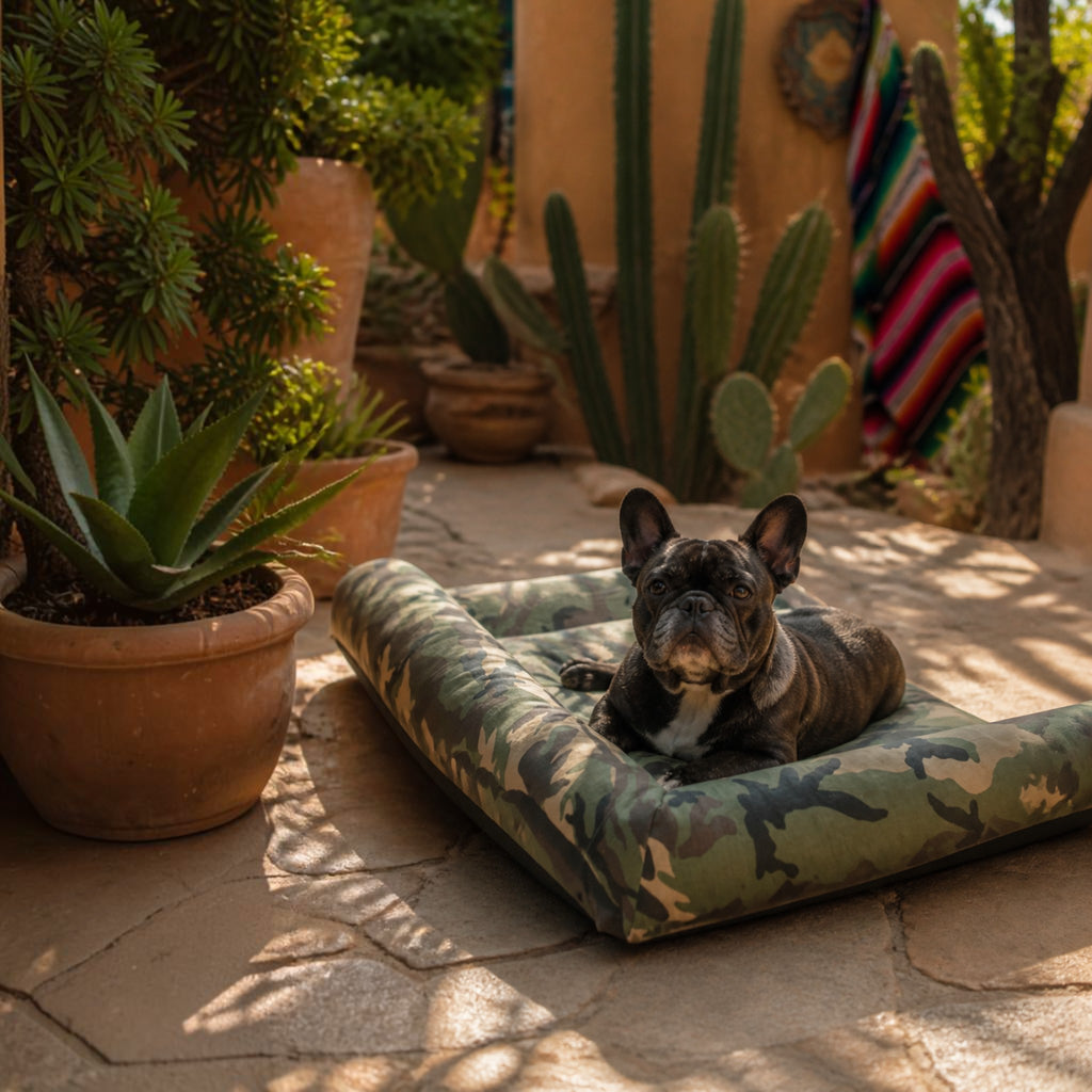 Cama camuflaje MITZON con Chihuahua en patio