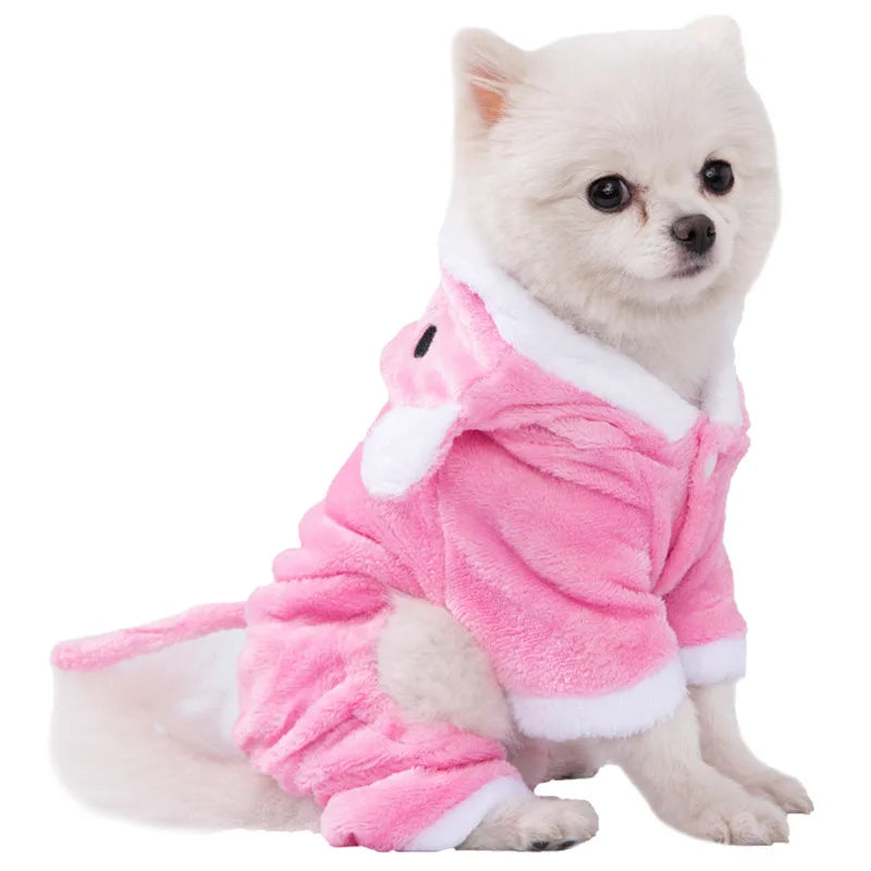 Disfraz de animalito para perro en polar suave con capucha, perro de raza Pomerania con disfraz rosa