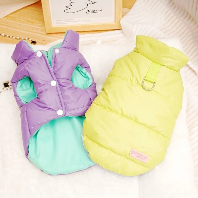 Chamarra reversible para perro en colores púrpura y verde, ideal para el abrigo y estilo de su mascota.