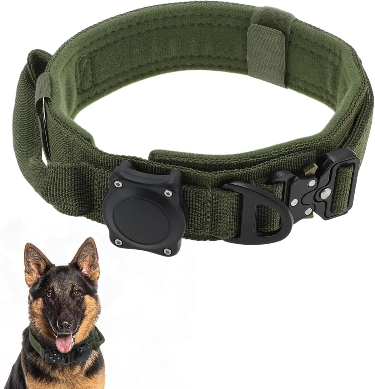 Collar táctico para perro en couleur verte, doté d'une poignée et d'une boucle, parfait pour les promenades et les aventures.