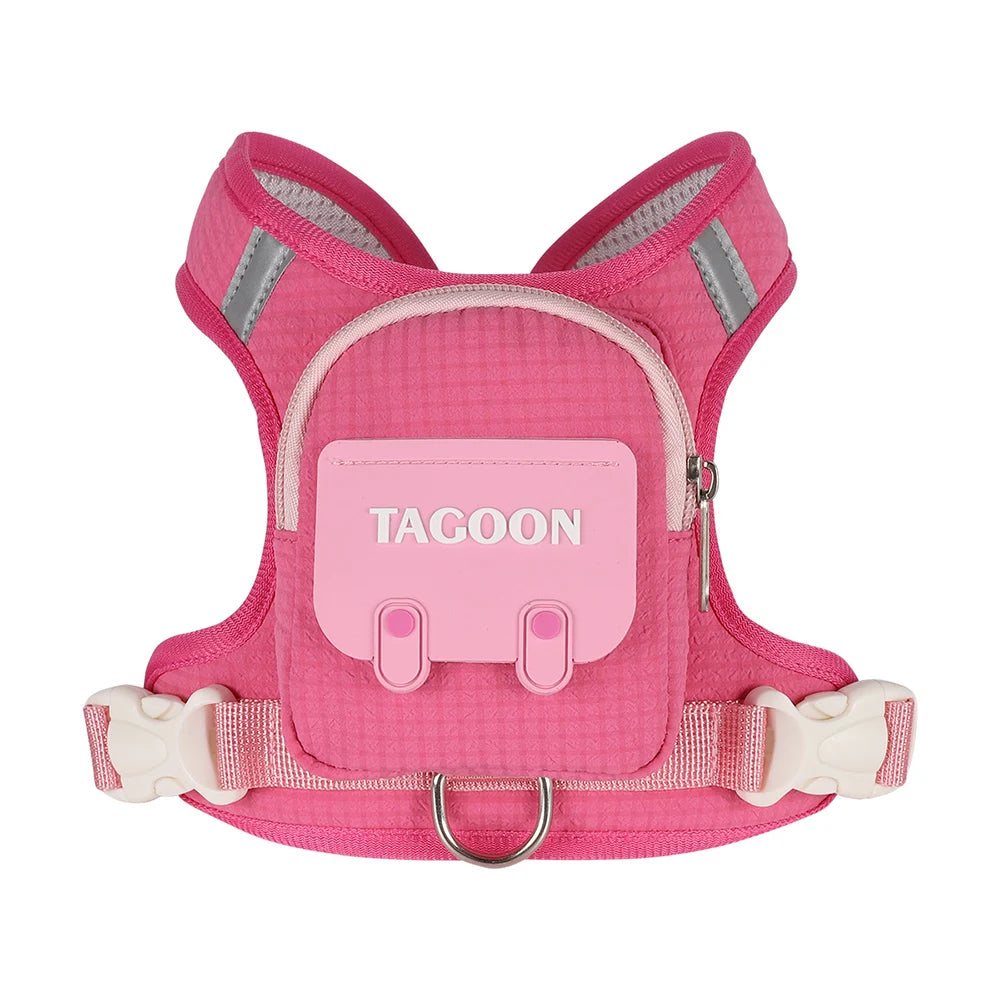 Arnés tipo mochila reflectante para perros de color rosa con compartimento y logo TAGOON.