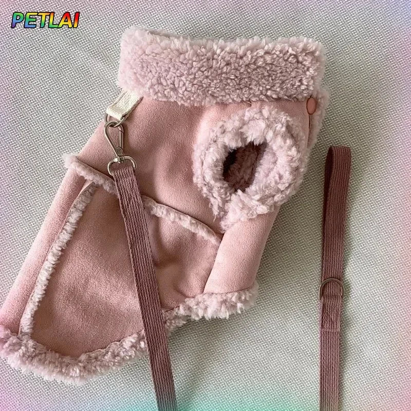 Chaleco de algodón para perro de color rosa suave con forro de lana, ideal para mantener a tu mascota abrigada.