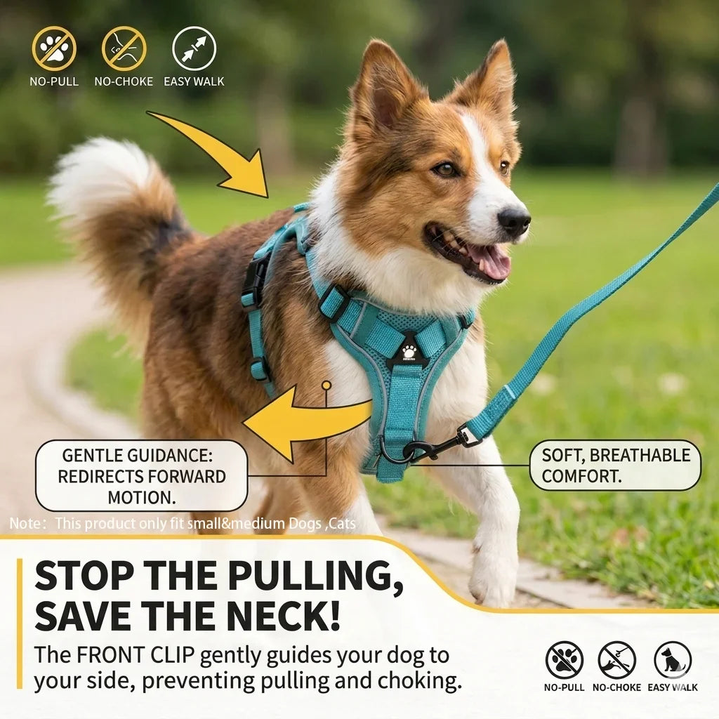 Arnés ajustable y correa para perro, avec un col exemple de la fonctionnalité sans traction, conçu pour le confort des chiens.