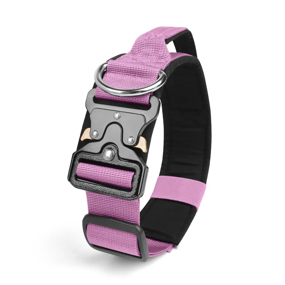 Collar táctico para perro de nylon resistente en color rosa con hebilla de liberación rápida de Mitzon.