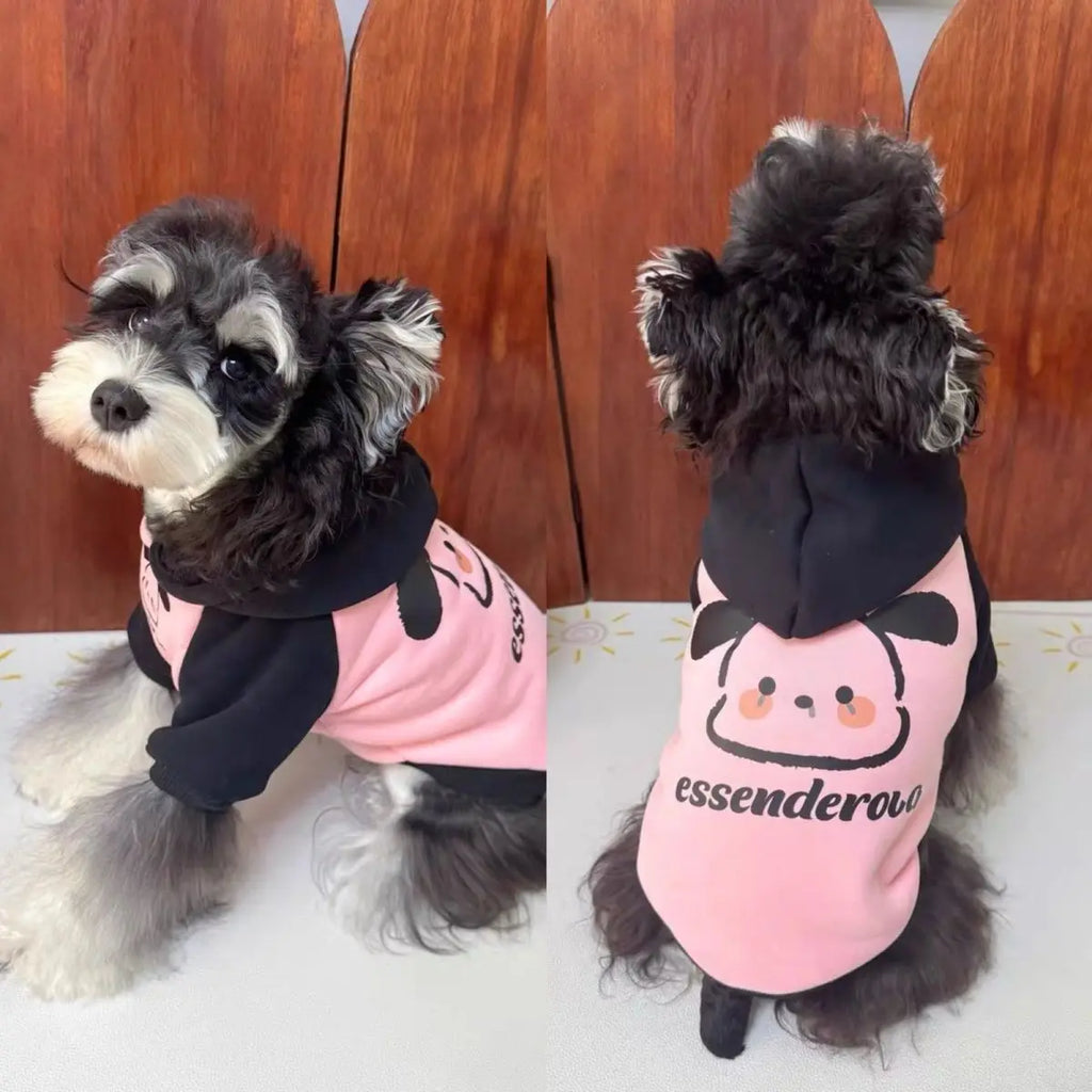 Sudadera rosa con capucha y mangas negras para perro, suave y moderna, ideal para días fríos.