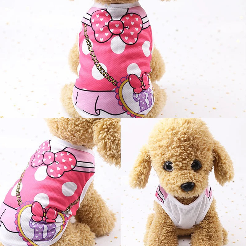 Camiseta sin mangas para perro con estampado de overol Mitzon en color rose avec nœud papillon.