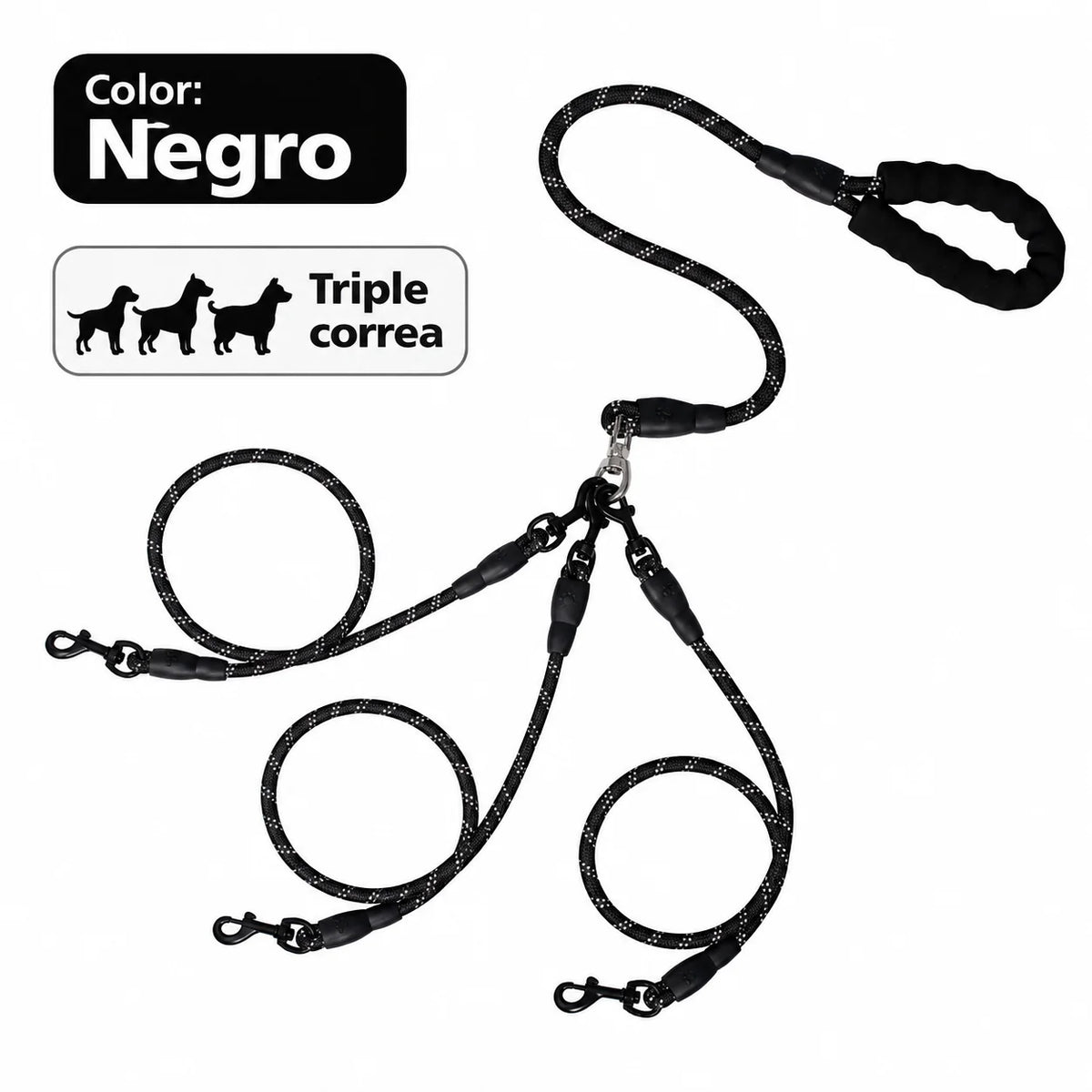 Correa para pasear 3 perros en color negro, diseño desmontable et confortable pour promenades avec plusieurs chiens.