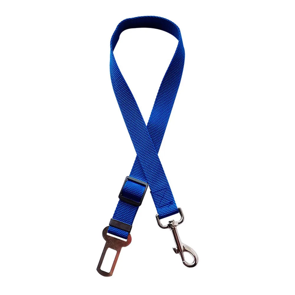Cinturón de seguridad para perro en auto, arnés azul con clip de seguridad y hebilla.
