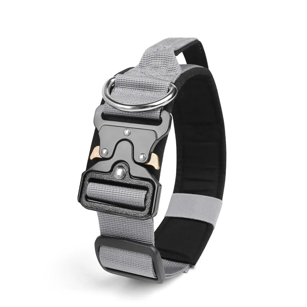 Collar táctico para perro de nylon resistente con hebilla de liberación rápida en gris