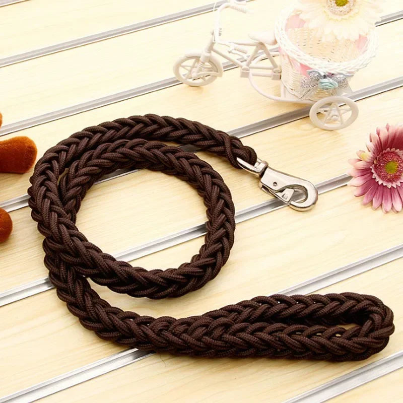 Correa de nylon para perro reforzada de 130 cm en color marrón, ideal para paseos y aventuras al aire libre.