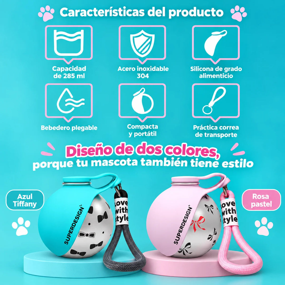 Bebedero portátil para perro de acero inoxidable de 285 ml, diseño plegable y en colores atractivos.