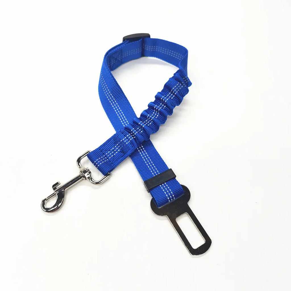 Cinturón de seguridad para perro en auto, diseño elástico y seguro, color azul para mayor visibilidad.