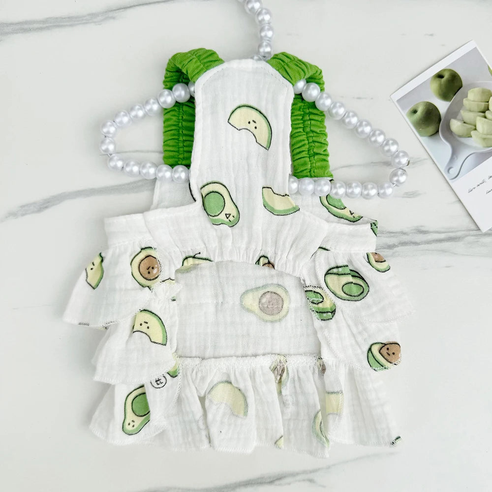 Vestido para perro en rojo o verde, faldas con volantes y estampado d'avocat.