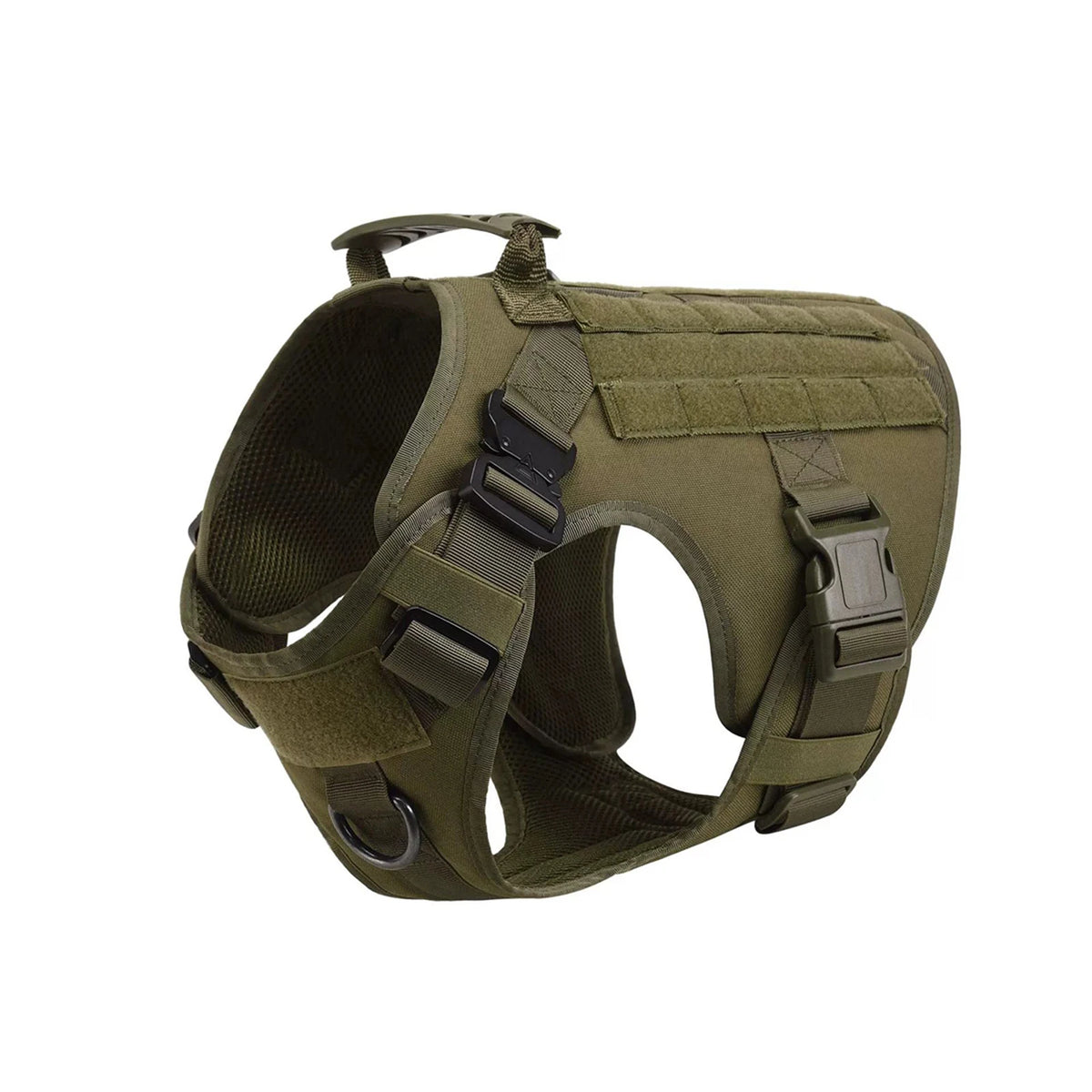 Arnés táctico ajustable para perro PETRAVEL de color olive, con múltiples puntos de ajuste y acolchado interior.
