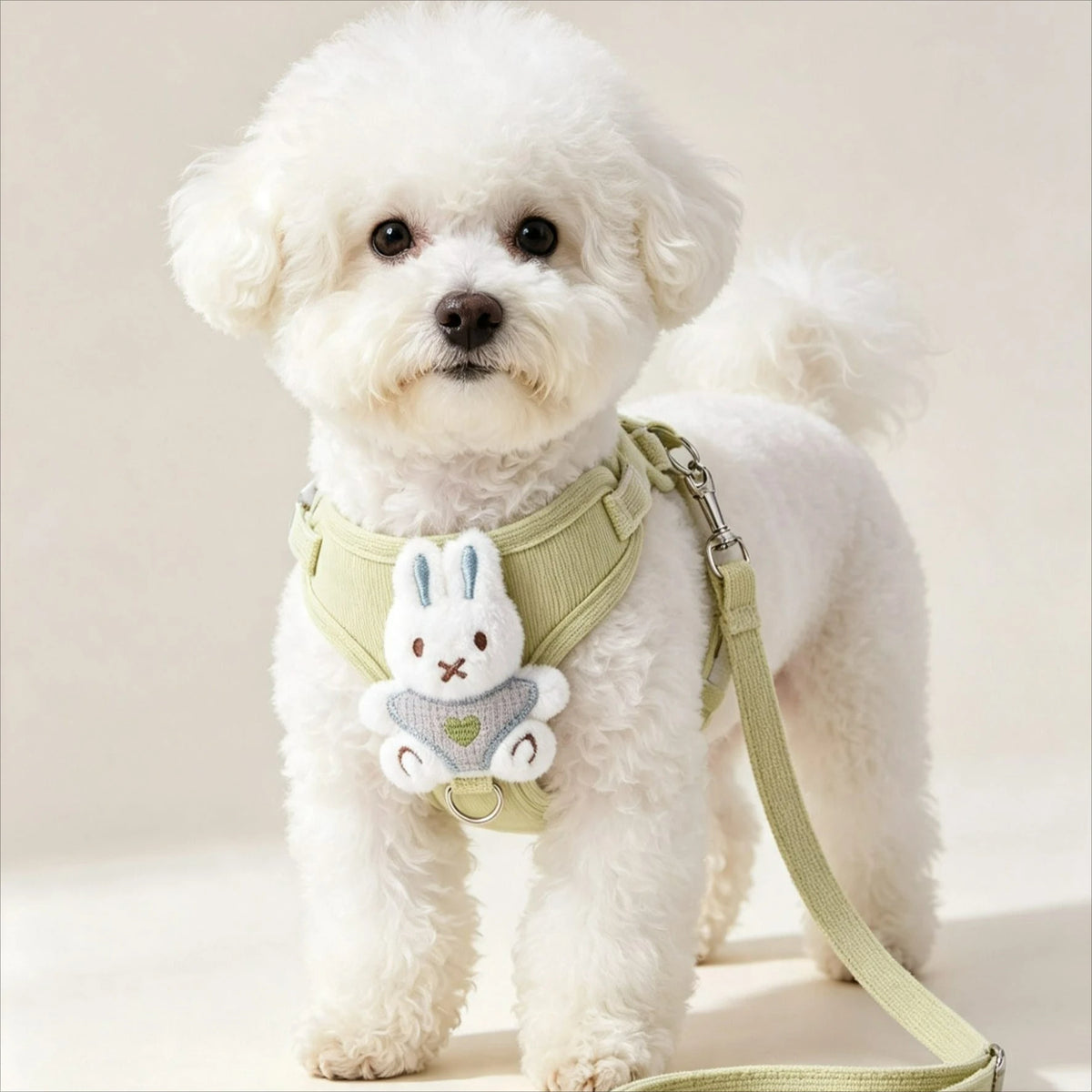 Perro pequeño con arnés ajustable de malla para perro pequeño, mostrando comodidad y estilo en un paseo.