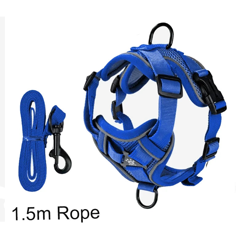 Arnés ajustable y correa para perro reflectante Mitzon avec sangle de 1,5 m en bleu.