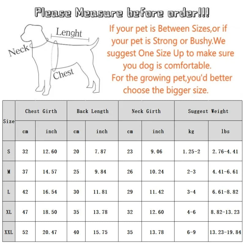 Tabla de tamaños para chamarra reversible para perro, con medidas recomendadas para asegurar un ajuste cómodo.