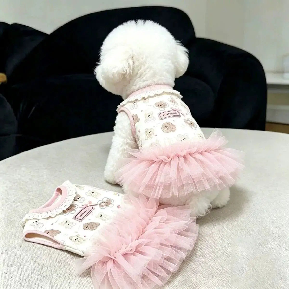 Vestido de verano con moño para perro sur le dos d'un petit chien, avec un tutu rose et un motif adorable.