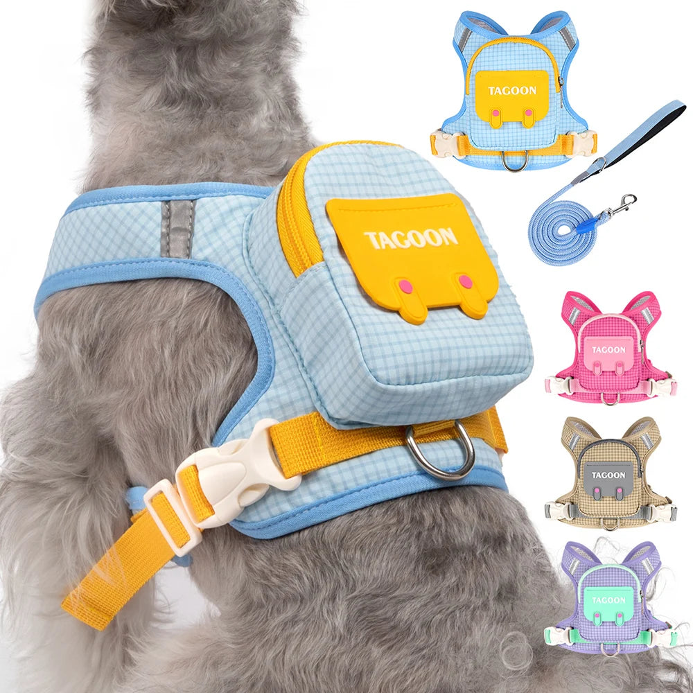 Arnés tipo mochila reflectante para perros en varios colores, équipé de compartimentos pratiques.