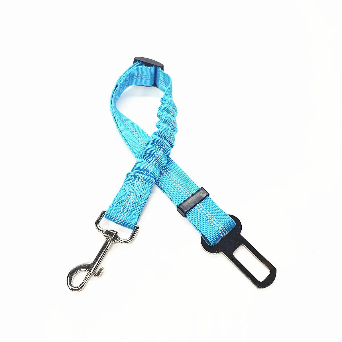 Cinturón de seguridad para perro en auto reflejante de color azul, diseñado para viajes seguros.