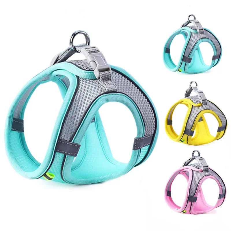 Arnés reflejante y transpirable con correa pour chien Mitzon en plusieurs couleurs: aqua, jaune, rose.