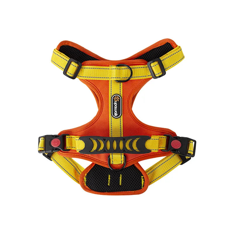 Arnés tipo chaleco reflejante para perro MITZON en color naranja y amarillo, diseño cómodo y seguro.