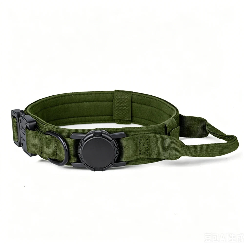 Arnés táctico pour chien, collier ou laisse, vert, conçu pour confort et contrôle lors des promenades.