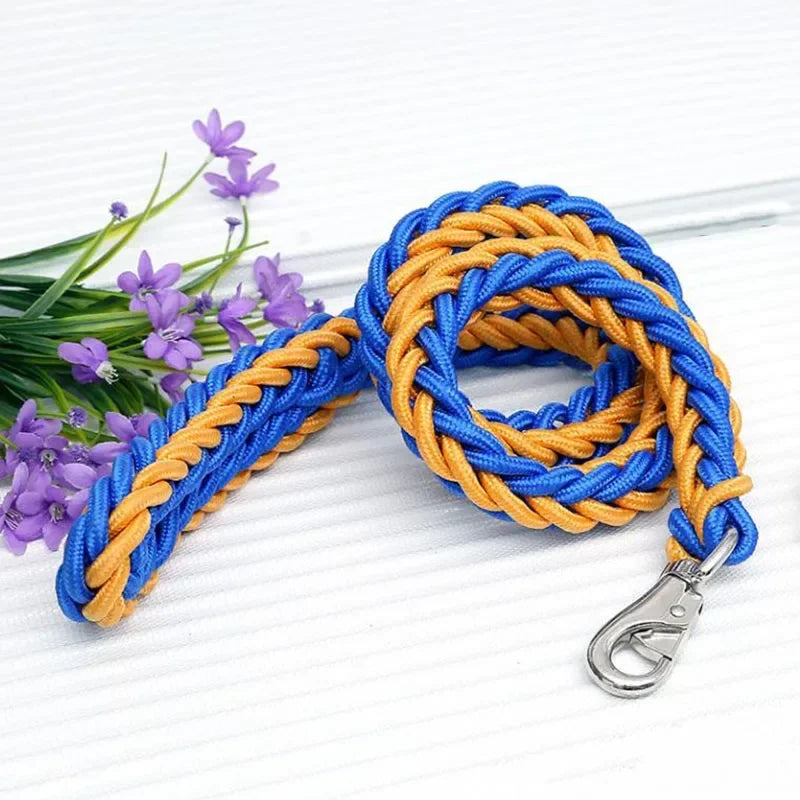 Correa de nylon para perro reforzada 130 cm en colores azul y naranja, ideal para paseos al aire libre.