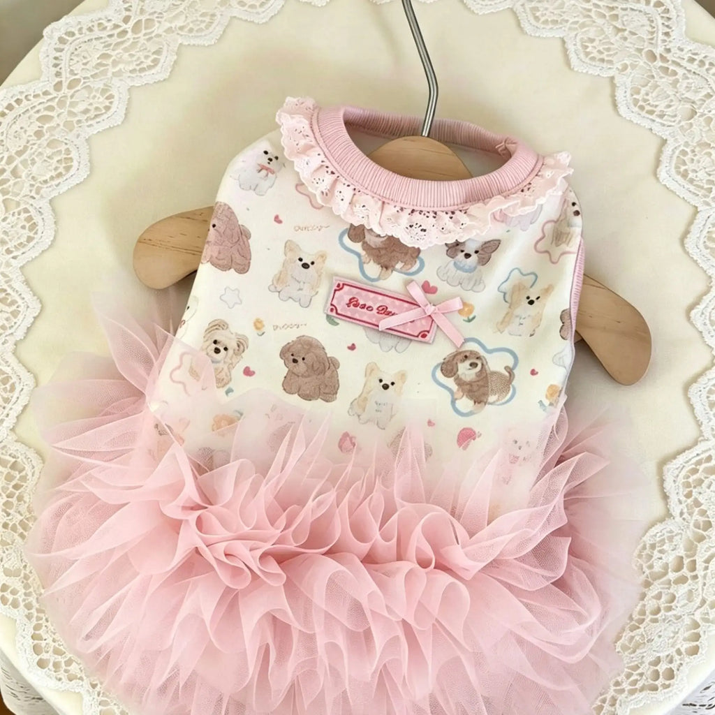 Vestido de verano con moño para perro, con estampado de perros y falda de tul rosa.