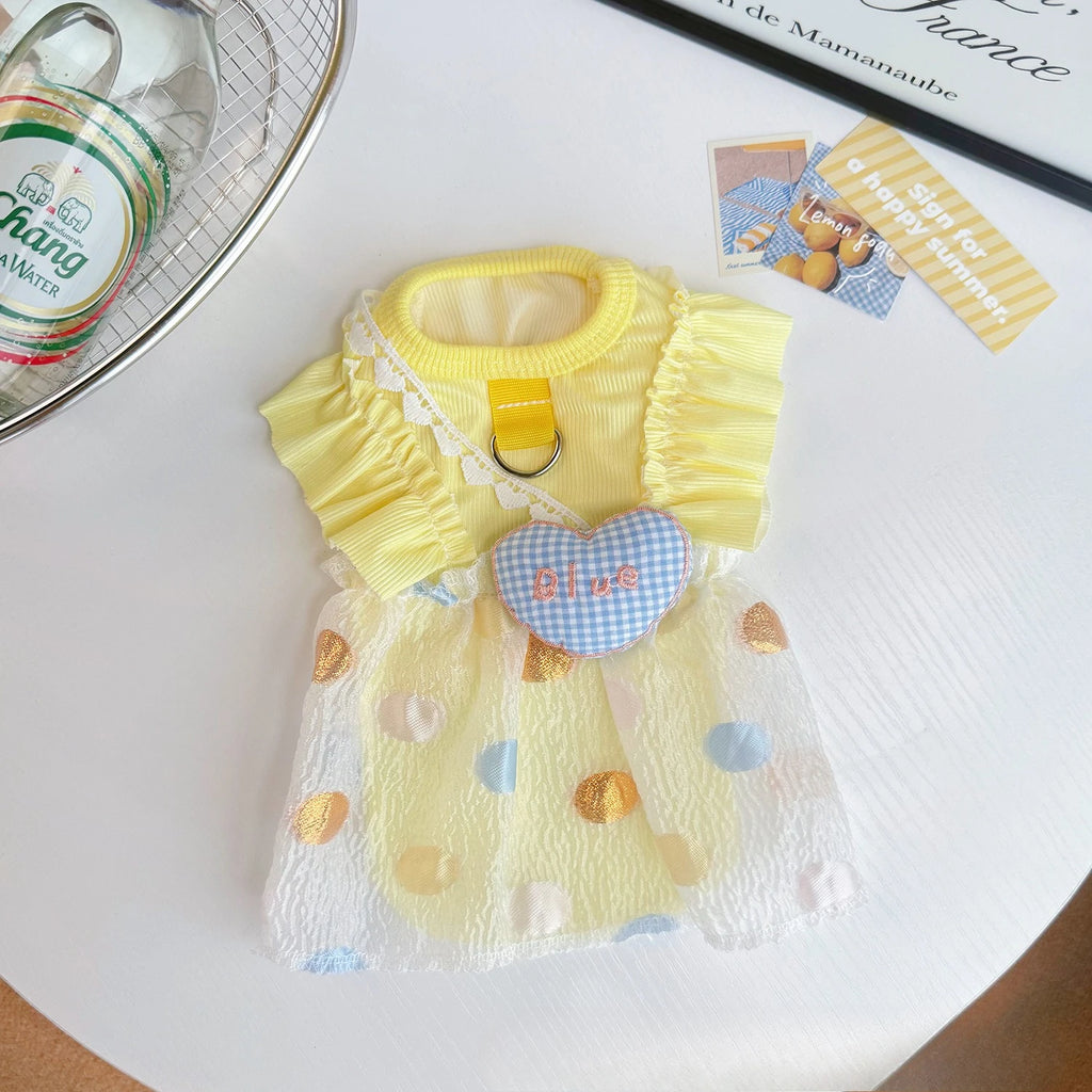 Vestido para perro falda globo en amarillo, diseño elegante avec volants et détails mignons.