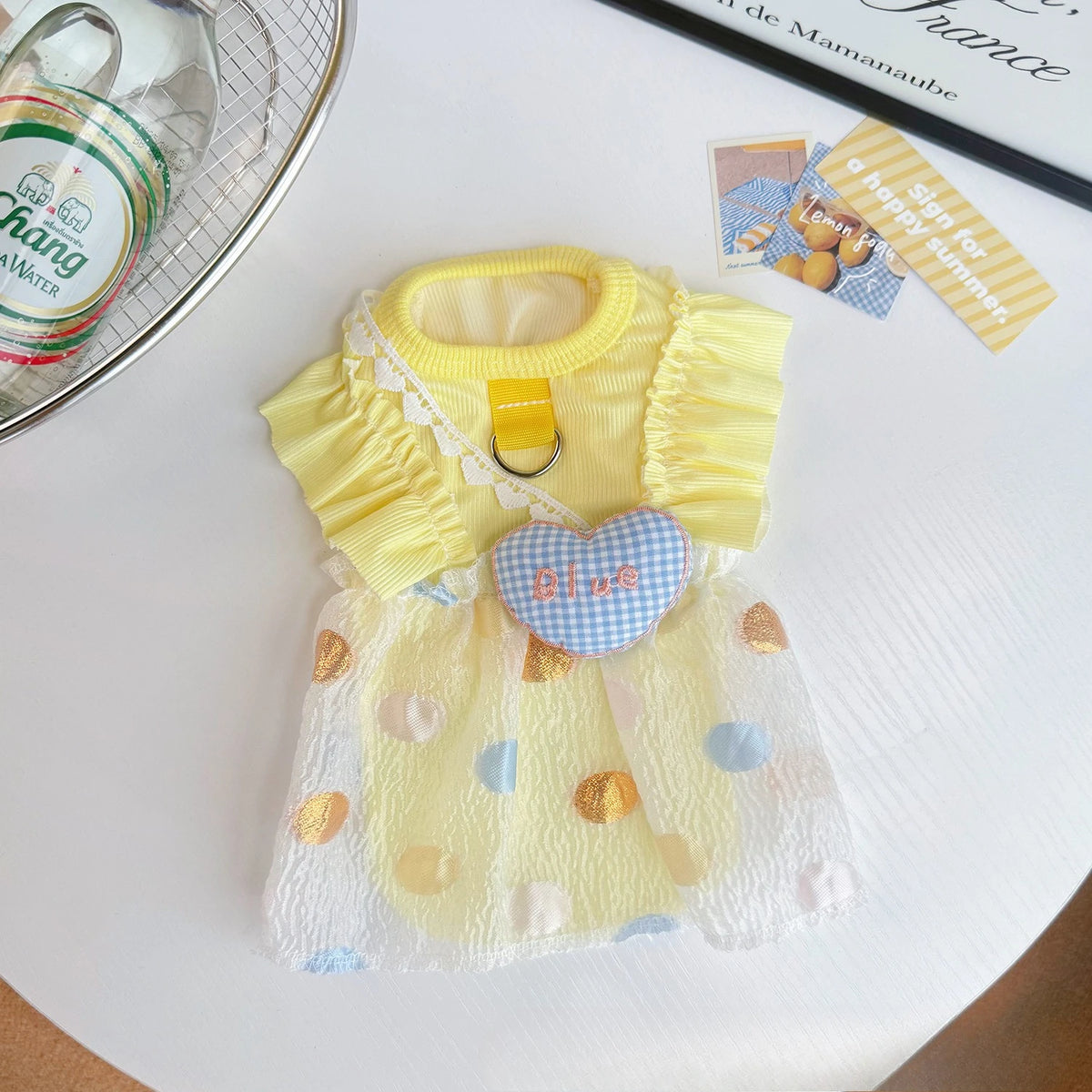 Vestido para perro falda globo en amarillo, diseño elegante avec volants et détails mignons.
