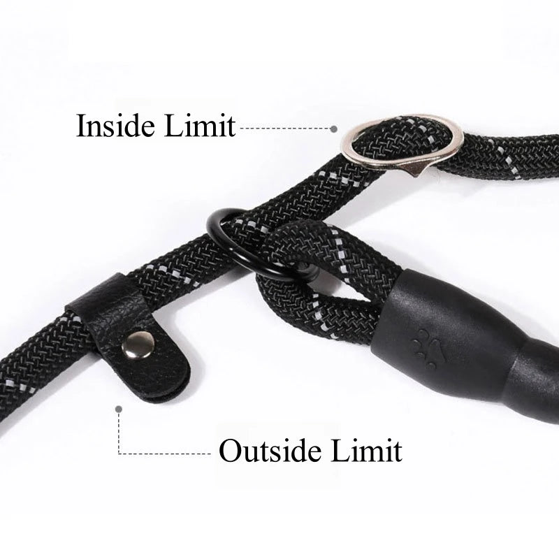 Correa resistente para perro de nylon reflectante avec des limites intérieures et extérieures visibles.