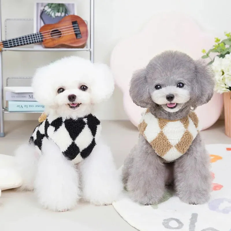 Mameluco de polar a cuadros para perro, caninos con abrigo suave en estampado a cuadros negro y beige