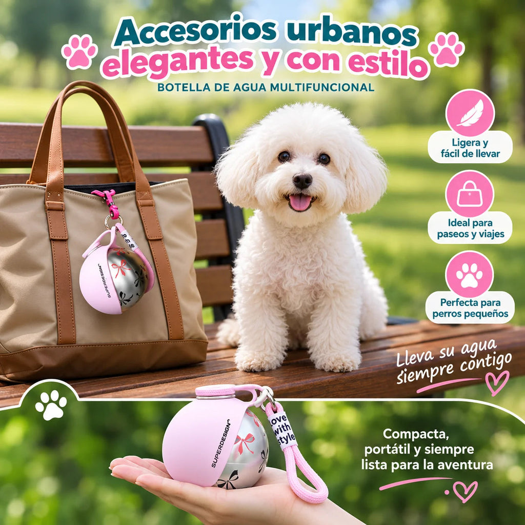 Bebedero portátil para perro de acero inoxidable, elegante y multifuncional, ideal para paseos y viajes.