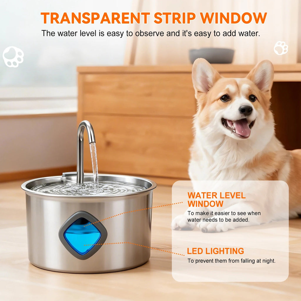 Fuente de agua para perro de acero inoxidable Mitzon avec fenêtre de niveau d'eau et éclairage LED.