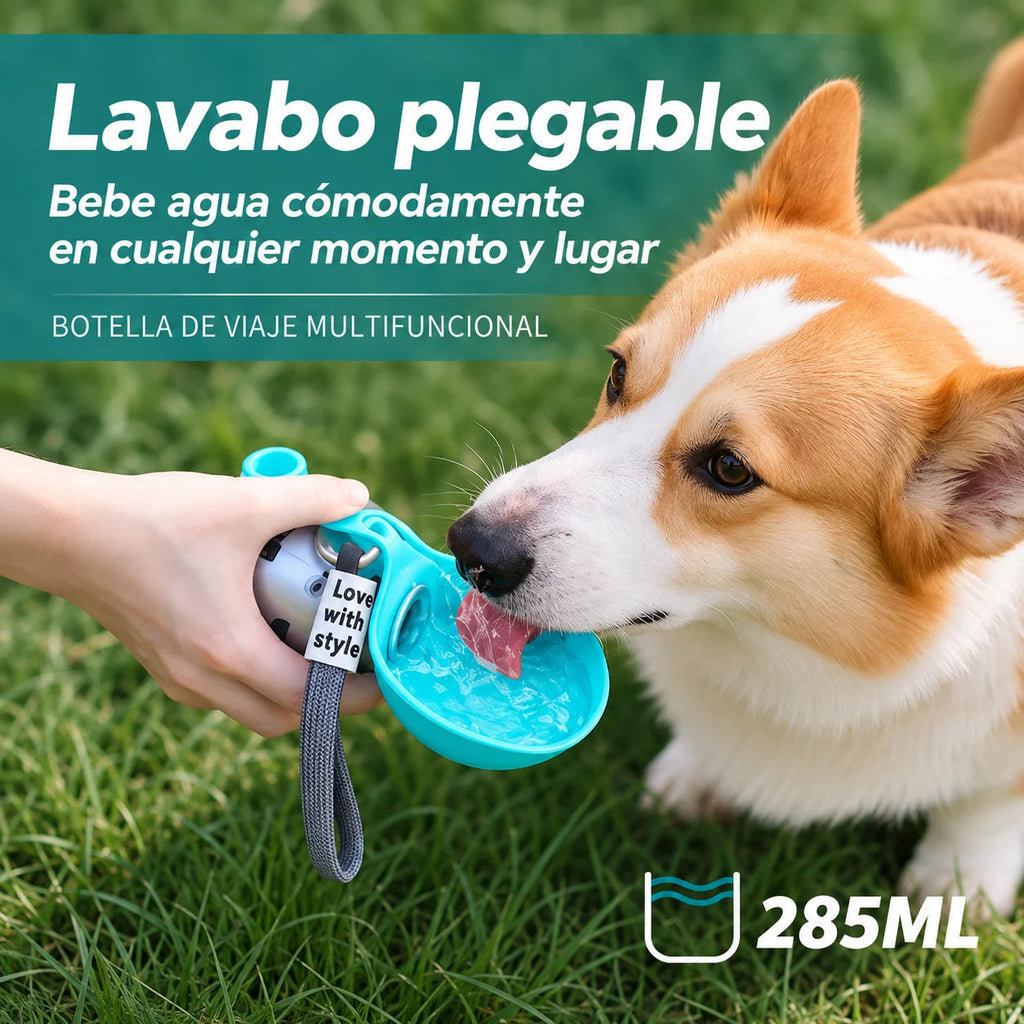 Bebedero portátil para perro de acero inoxidable, lavabo plegable para beber agua cómodamente en cualquier lugar, 285 ml.