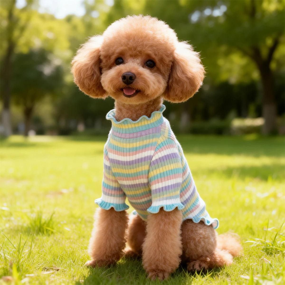 Playera de rayas arcoíris con olanes para perro, perro posando feliz en un parque.