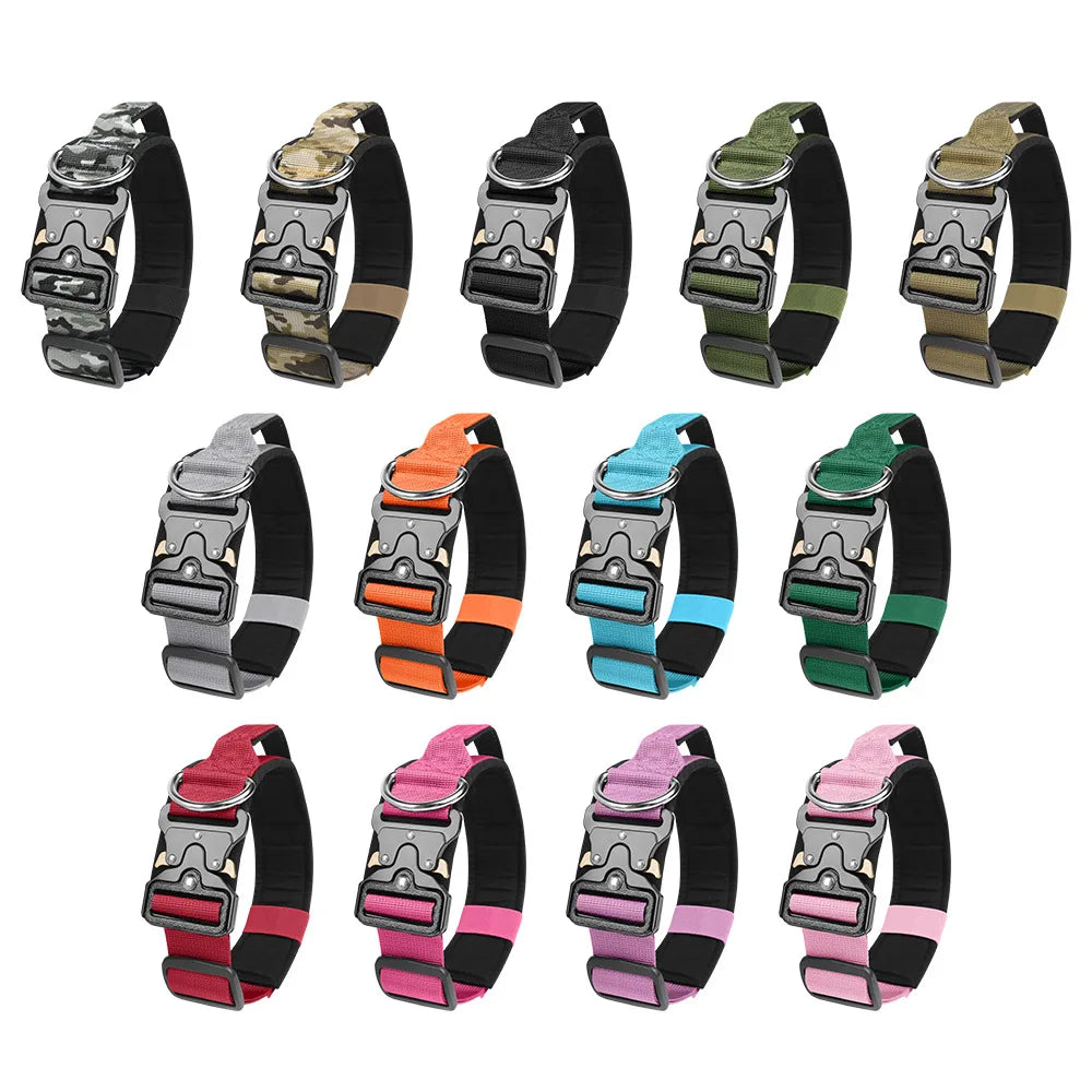 Collar táctico para perro de nylon resistente disponible en plusieurs couleurs et designs, parfait pour la sécurité et le confort.