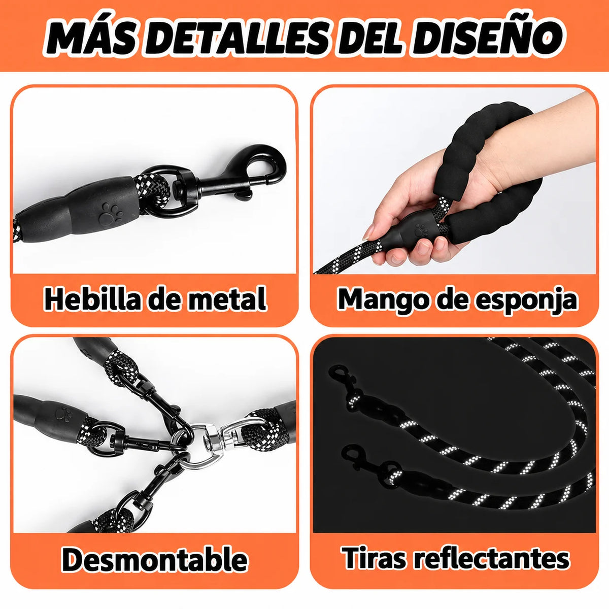Correa para pasear 3 perros avec détails du design, y compris des clips métalliques et un manche en éponge.