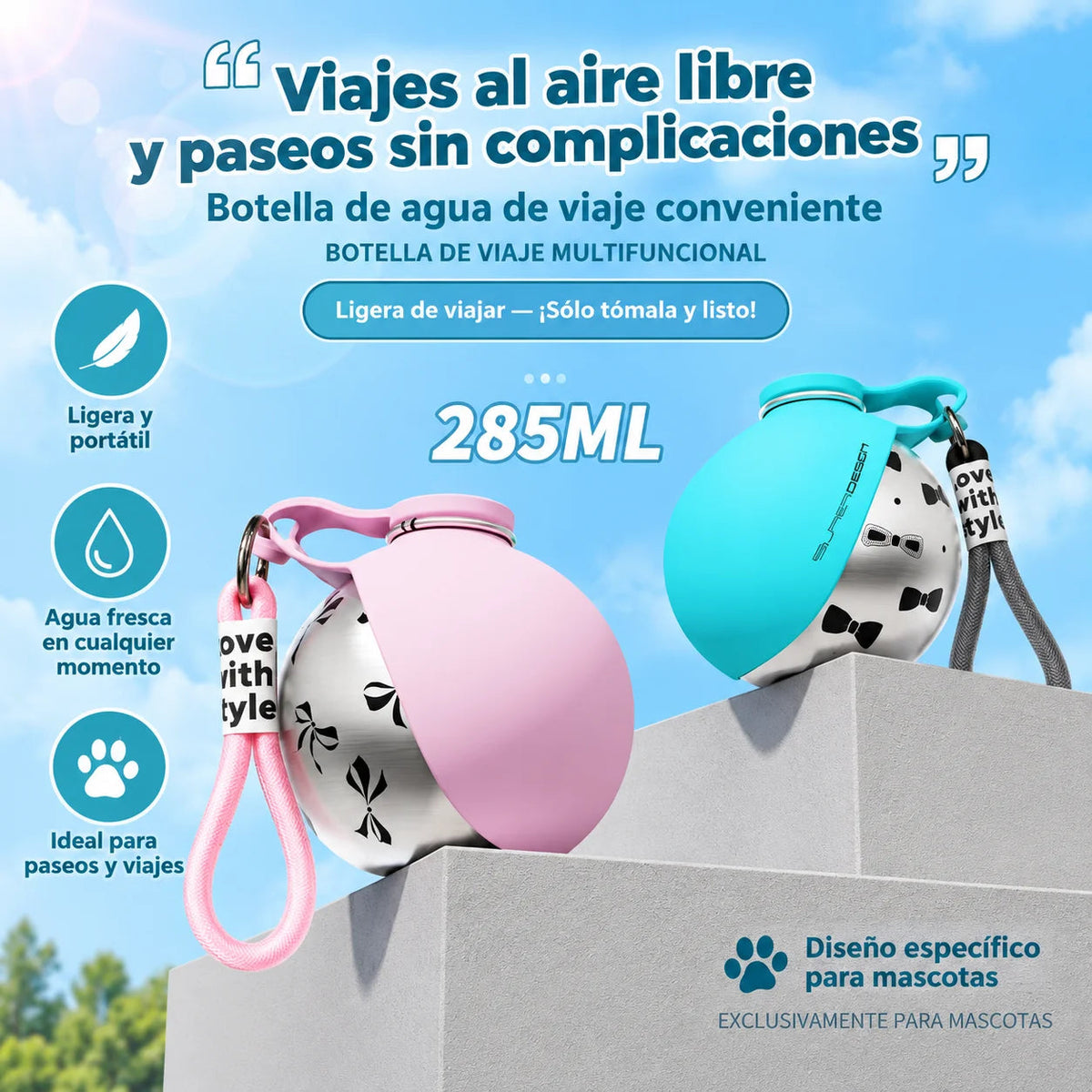 Bebedero portátil para perro de acero inoxidable de 285 ml en colores rosa y azul, ideal para paseos.